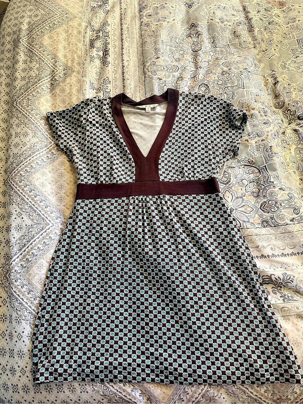 CAbi Geometric Mini Dress in Brown & Blue Size Medium